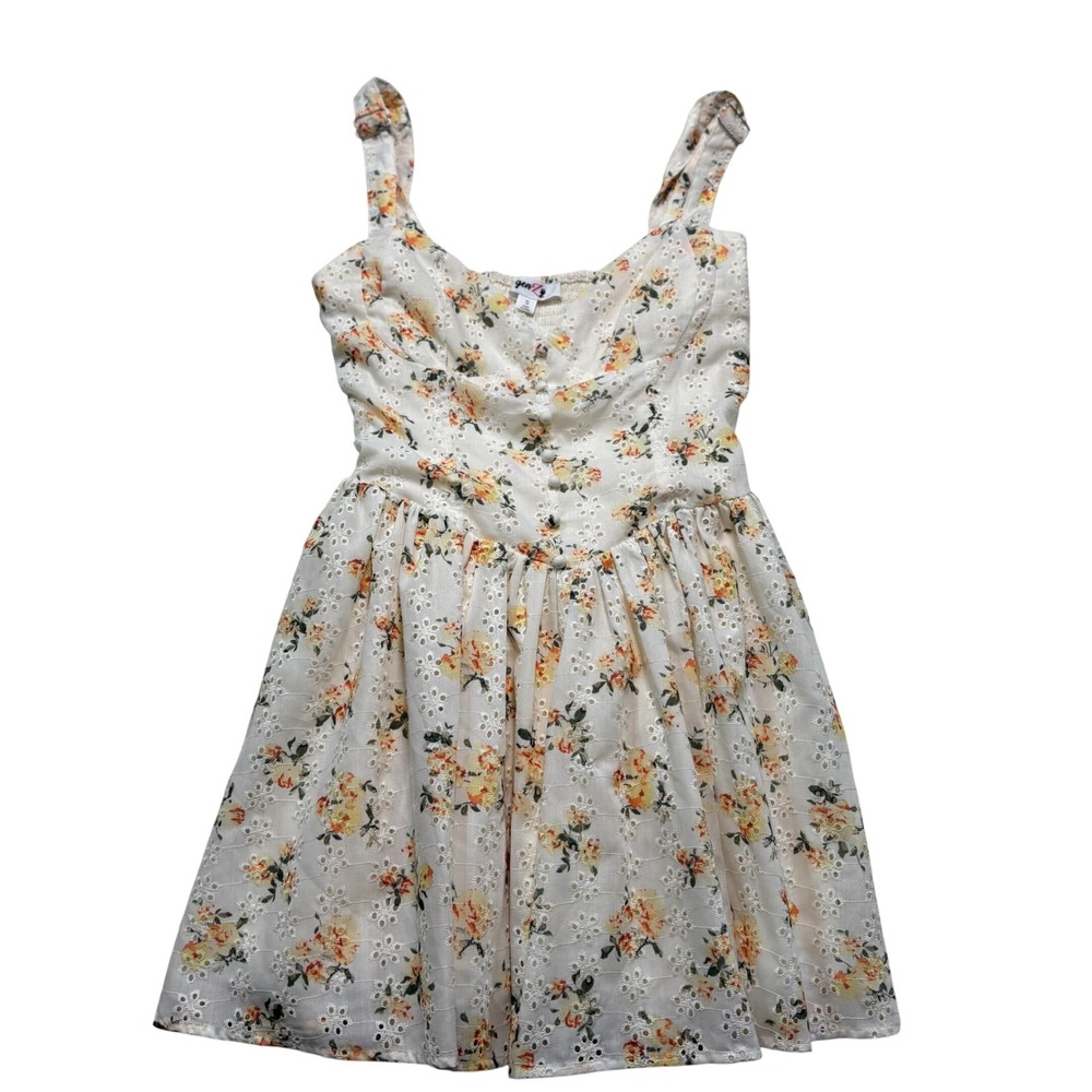 Gen Z Floral‎ Eyelet Lace Trim Mini Dress Cream Yellow Cottagecore Small #918